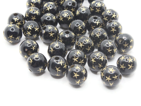 35 10mm Black Round Plastic Beads with Gold Stars Loose Beads to String Jewelry Making Beading Supplies