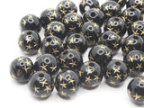 35 10mm Black Round Plastic Beads with Gold Stars Loose Beads to String Jewelry Making Beading Supplies