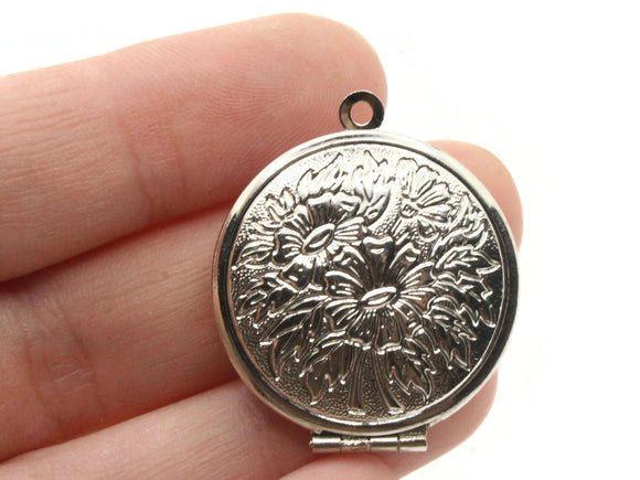 32mm Round Flower Locket Silver Tone Locket Charm Jewelry Making and Beading Supplies Floral Locket