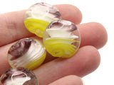 4 20mm Purple White and Yellow Swirling Coin Beads Flat Round Lampwork Glass Beads Jewelry Making and Beading Supplies