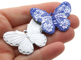 2 41mm Plastic Butterfly Pendants Medium Blue and White Plastic Moth Charms Jewelry Making Beading Supplies