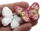 2 41mm Plastic Butterfly Pendants Pink Yellow and White Plastic Moth Charms Jewelry Making Beading Supplies