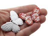 2 41mm Plastic Butterfly Pendants Red and White Plastic Moth Charms Jewelry Making Beading Supplies