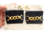 TipToes Vintage Shoe Clips #947 1950s Dark Navy Blue Leatherette Rectangle Shoe Clips with Gold Chain