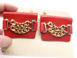 TipToes Vintage Shoe Clips #947 1950s Red Leatherette Rectangle Shoe Clips with 2 Gold Chains