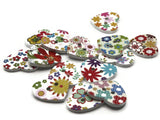 14 24mm Mixed Multi Color Floral Wooden Heart Buttons with White Background Two Hole Buttons