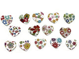 14 24mm Mixed Multi Color Floral Wooden Heart Buttons with White Background Two Hole Buttons