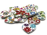 14 24mm Mixed Multi Color Floral Wooden Heart Buttons with White Background Two Hole Buttons