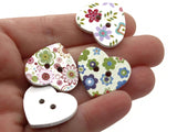 14 24mm Mixed Multi Color Floral Wooden Heart Buttons with White Background Two Hole Buttons