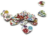14 24mm Mixed Multi Color Floral Wooden Heart Buttons with White Background Two Hole Buttons