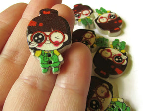 10 29mm Green Overalls Brown Hair Girl Wooden Two Hole Buttons Cute Buttons Kawaii Buttons Sewing Supplies Wood Buttons Green Buttons