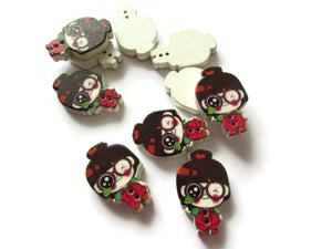 10 29mm Red Overalls Green Shirt Brown Hair Girl Wooden Two Hole Buttons Kawaii Buttons Cute Buttons Red Buttons Sewing Supplies