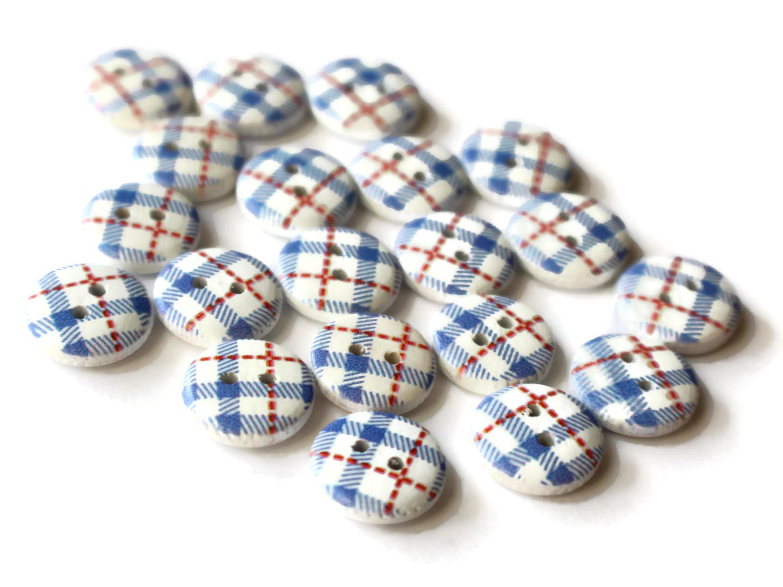 20 13mm Two Hole Blue Tartan Plaid Buttons Round Wooden Buttons Wood Buttons by Smileyboy | Michaels