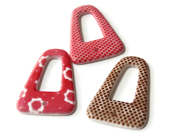 3 53x37mm Flat Triangle Charms Cut Out Triangle Printed Plastic Pendants Red, Brown, and Pink Lace Print Pendants Snake Skin Pendants