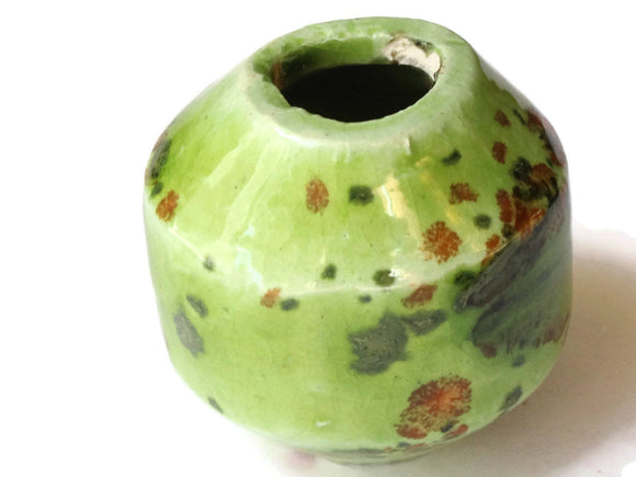 31mm Green Banded Round Ceramic Beads with Dark Green and Brown Spots Vintage Porcelain Bead Large Hole Jewelry and Macrame Beading Supplies