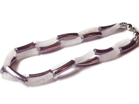 19 1/2 Inch Necklace Twisted Two Strand Necklace Purple and White Beaded Necklace Vintage New Old Stock Necklace Plastic Tube Beads