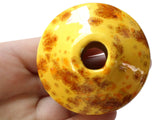 58mm Yellow with Orange and Brown Spots Saucer Bead Vintage Macrame Ceramic Beads Porcelain Beads Macrame Beading Supplies Large Hole Beads