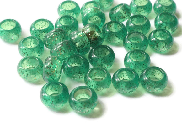 30 9.5mm Large Hole Beads Clear Green Beads with Gold Glitter Rondelle Beads Vintage Lucite Beads European Beads Jewelry Making Supplies