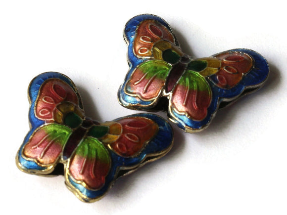 2 23mm Blue and Pink Butterflies Cloisonne Butterfly Beads Handmade Metal and Enamel Beads Jewelry Making Beading Supplies Moth Beads