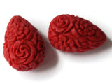 2 Floral Cinnabar Teardrop Beads Lacquer Beads Loose Beads Red Flower Patterned Beads Jewelry Making Beading Supply