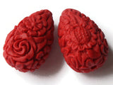 2 Floral Cinnabar Teardrop Beads Lacquer Beads Loose Beads Red Flower Patterned Beads Jewelry Making Beading Supply