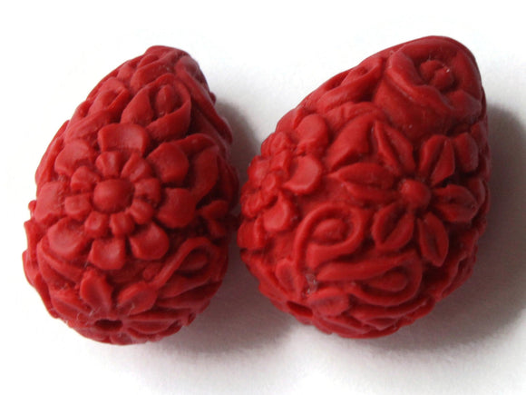 2 Floral Cinnabar Teardrop Beads Lacquer Beads Loose Beads Red Flower Patterned Beads Jewelry Making Beading Supply