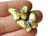 2 23mm Green and White Butterflies Cloisonne Butterfly Beads Handmade Metal and Enamel Beads Jewelry Making Beading Supplies Moth Beads