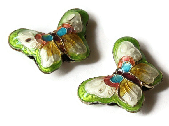 2 23mm Green and White Butterflies Cloisonne Butterfly Beads Handmade Metal and Enamel Beads Jewelry Making Beading Supplies Moth Beads