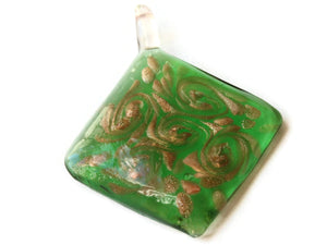 2 and 1/4 Inch Green and Gold Foil Glass Pendant Square Diamond Pendant Jewelry Making Beading Supplies
