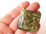 2 and 1/4 Inch Green and Gold Foil Glass Pendant Square Diamond Pendant Jewelry Making Beading Supplies