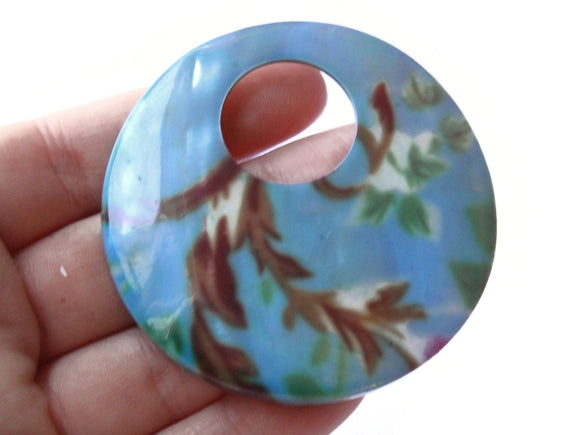 60mm Blue Flower Printed Shell Pendant Floral  Printed Round Go-go Pendant Jewelry Making Beading Supplies Loose Pendant Large Focal Bead
