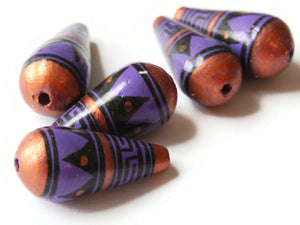 5 28mm Vintage Painted Clay Beads Purple Copper and Black Patterned Teardrop Beads Peruvian Clay Beads Jewelry Making Beading Supplies