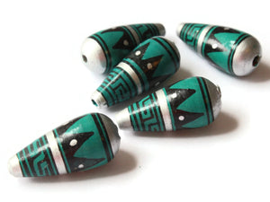 5 28mm Vintage Painted Clay Beads Teal Silver and Black Patterned Teardrop Beads Peruvian Clay Beads Jewelry Making Beading Supplies