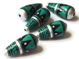 5 28mm Vintage Painted Clay Beads Teal Silver and Black Patterned Teardrop Beads Peruvian Clay Beads Jewelry Making Beading Supplies