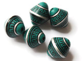 5 21mm Vintage Painted Clay Beads Teal Green Silver and Black Patterned Bicone Beads Peruvian Clay Beads Jewelry Making Beading Supplies