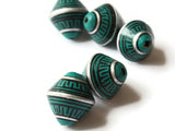 5 21mm Vintage Painted Clay Beads Teal Green Silver and Black Patterned Bicone Beads Peruvian Clay Beads Jewelry Making Beading Supplies