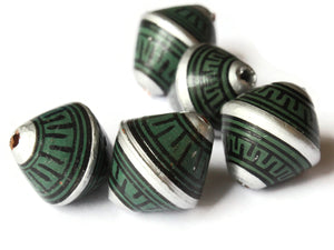 5 21mm Vintage Painted Clay Beads Green Silver and Black Patterned Bicone Beads Peruvian Clay Beads Jewelry Making Beading Supplies