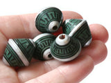 5 21mm Vintage Painted Clay Beads Green Silver and Black Patterned Bicone Beads Peruvian Clay Beads Jewelry Making Beading Supplies