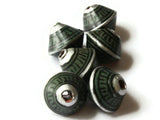 6 12mm Vintage Painted Clay Beads Green Silver and Black Patterned Bicone Beads Peruvian Clay Beads Jewelry Making Beading Supplies