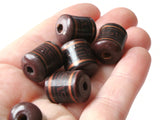 6 16mm Vintage Painted Clay Beads Brown Copper and Black  Patterned Tube Beads Peruvian Clay Beads to String Jewelry Making Beading Supplies