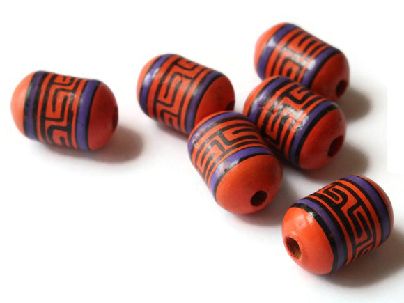 6 18mm Vintage Painted Clay Beads Orange and Purple  Patterned Tube Beads Peruvian Clay Beads to String Jewelry Making Beading Supplies