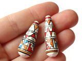 5 35mm Vintage Painted Clay Beads White Teal and Red Beads Teardrop Beads Peruvian Clay Beads to String Jewelry Making Beading Supplies