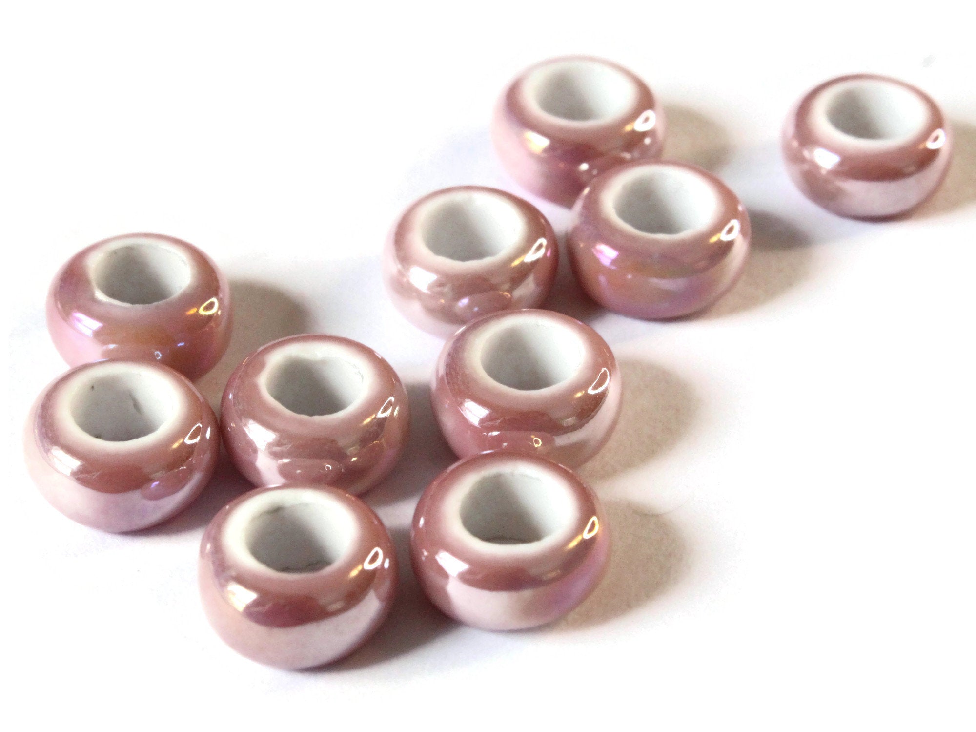 10 13mm Pink Porcelain Rondelle Beads - Large Hole Beads