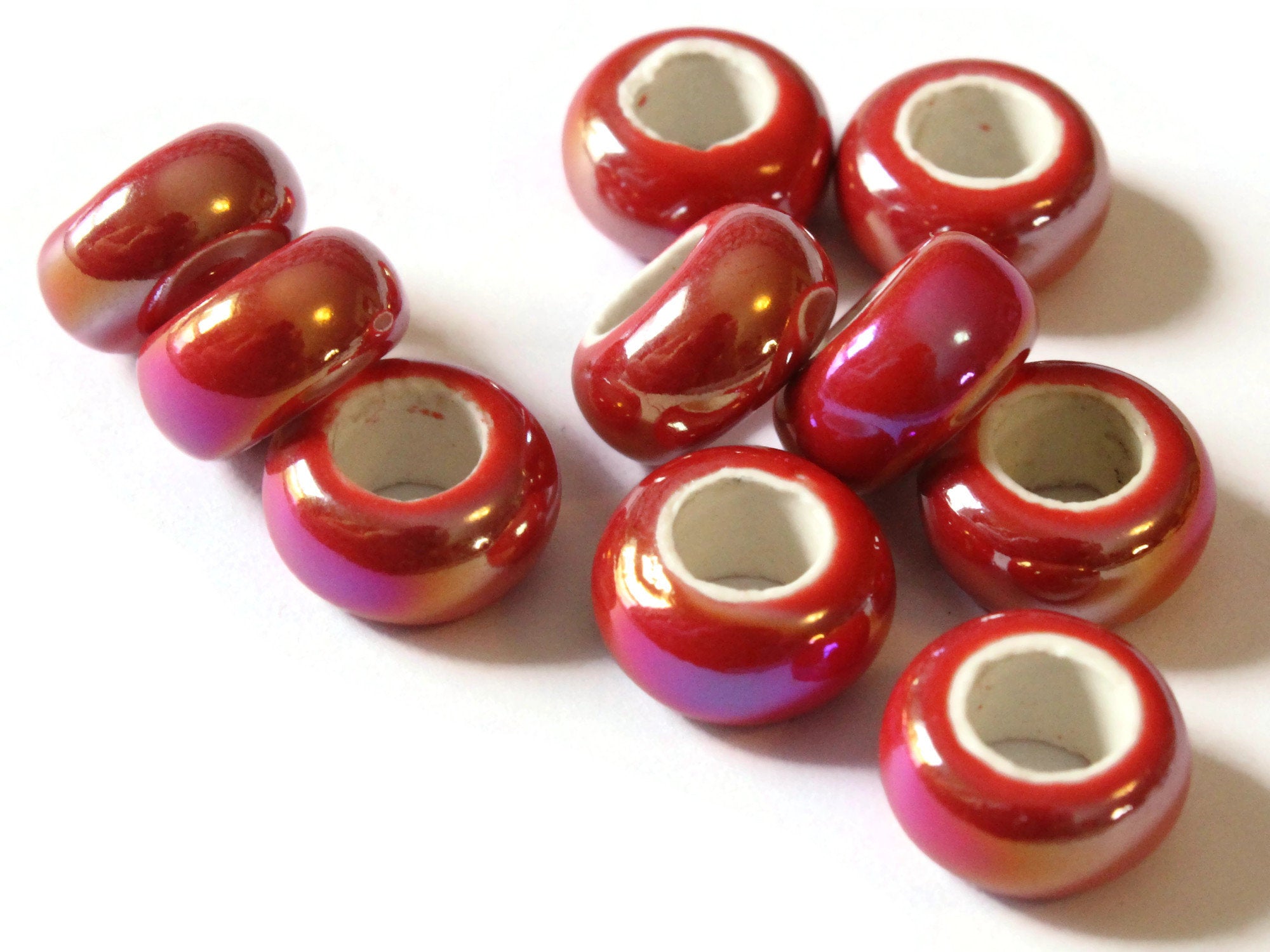 10 13mm Red Porcelain Rondelle Beads - Large Hole Beads