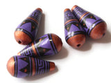 5 28mm Vintage Painted Clay Beads Purple Copper and Black Patterned Teardrop Beads Peruvian Clay Beads Jewelry Making Beading Supplies