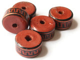5 17mm Vintage Painted Clay Beads Brown Copper and Black Patterned Disc Beads Peruvian Clay Beads to String Jewelry Making Beading Supplies