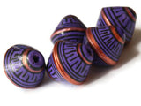 5 21mm Vintage Painted Clay Beads Purple Copper and Black Patterned Bicone Beads Peruvian Clay Beads Jewelry Making Beading Supplies