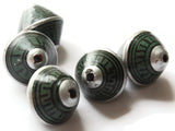 5 21mm Vintage Painted Clay Beads Green Silver and Black Patterned Bicone Beads Peruvian Clay Beads Jewelry Making Beading Supplies