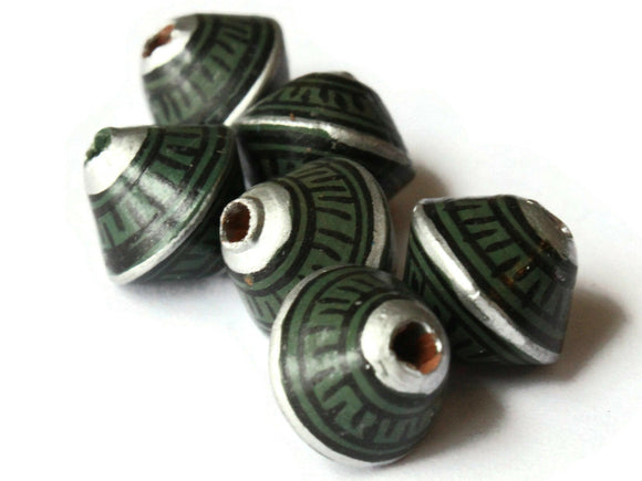 6 12mm Vintage Painted Clay Beads Green Silver and Black Patterned Bicone Beads Peruvian Clay Beads Jewelry Making Beading Supplies