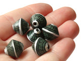 6 12mm Vintage Painted Clay Beads Green Silver and Black Patterned Bicone Beads Peruvian Clay Beads Jewelry Making Beading Supplies